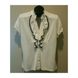 SEXY LACY RUFFLED FRONT TOP MANDARIN COLLAR EUC XL